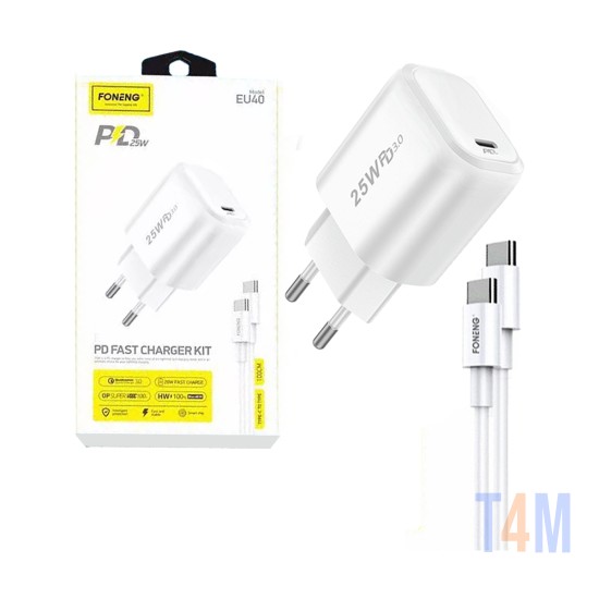 Foneng Fast Charger Adaptor EU40 with Type-C to Type-C Cable PD 25W White